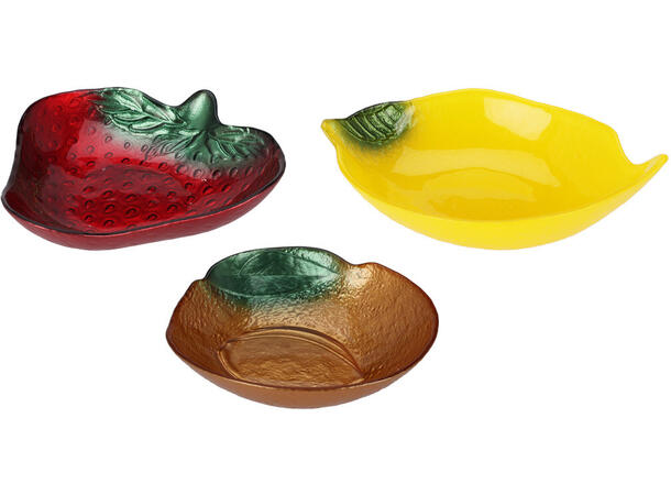 Fat skål ass fruktfasong 16x3,5cm 3ass Forpk 12stk Sitron Aprikos Jordbær 