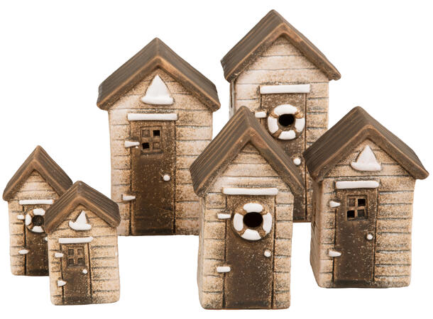 Hus naust beige keramikk 4,5x8cm 2ass Display: 12 stk 
