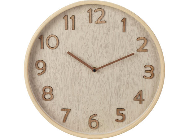 Klokke vegg MDF lys trelook d:38cm Batteri:1xAA ikke inkludert 