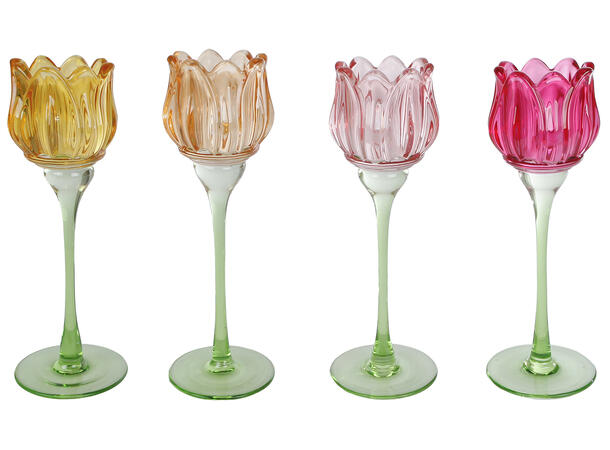Lysestake Tulipan glass 7x7x22cm 4asx Forpakning: 12stk. Rosa,fuchsia,gul,rav 