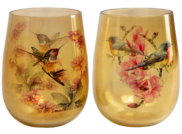 Lysglass fugler amber/rosa 8x10cm 2ass Forpakning: 12stk 
