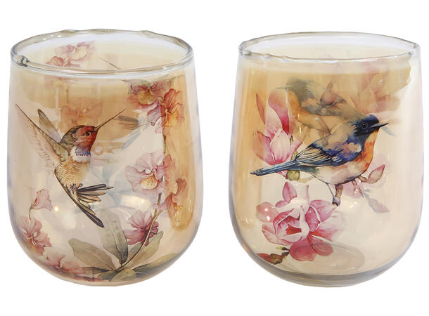Lysglass fugler amber/rosa 8x10cm 2ass Forpakning: 12stk 