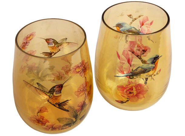 Lysglass fugler amber/rosa 8x10cm 2ass Forpakning: 12stk 