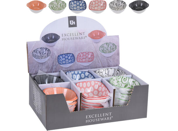 Skål porselen d:10cm 155ml 6ass Display 36stk Sort Grønn Grå Blå etc 