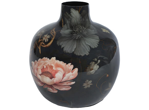 Vase sort blomstret metall 18x18x18cm 