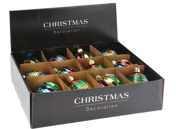 Julekule stripet flerfarget 8cm 2ass Display 12stk 