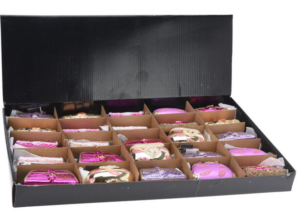 Juletrepynt veske glass 7,5x5,5cm 8ass Display 25stk 