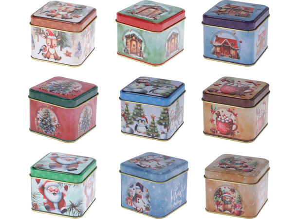 Metallboks Nostalgi julemotiv 7,7x6,4cm 12 stk i display ass 