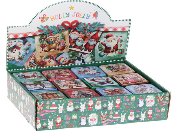 Metallboks Nostalgi julemotiv 7,7x6,4cm 12 stk i display ass 