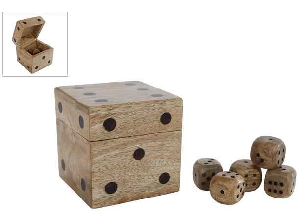 Spill boks 5 terninger natur mango 9x9cx Forpk 12stk 