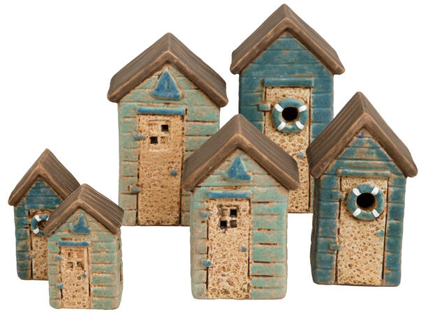 Hus naust blå keramikk 4,5x8cm 2ass Display: 12stk 