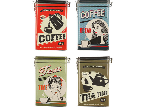 Metallboks retro kaffe te 4ass 13x7,5x18cm  Vekt:205gr PE-ring i lokket 
