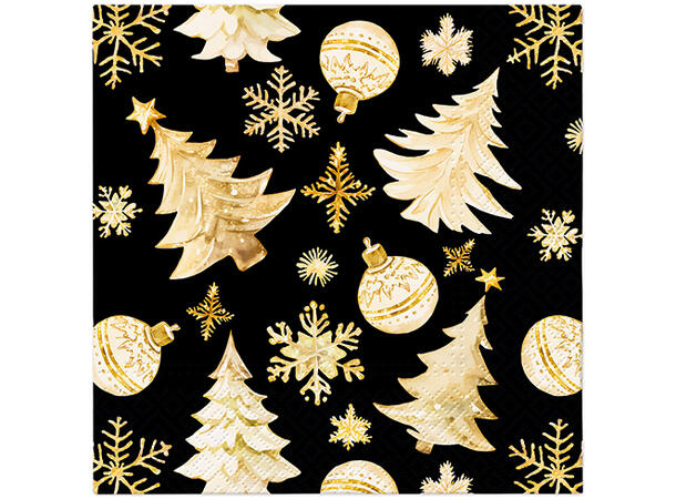 Serviett Golden Christmas Trees Sort Lunsjserviett 20 stk 3-lags 33x33cm 