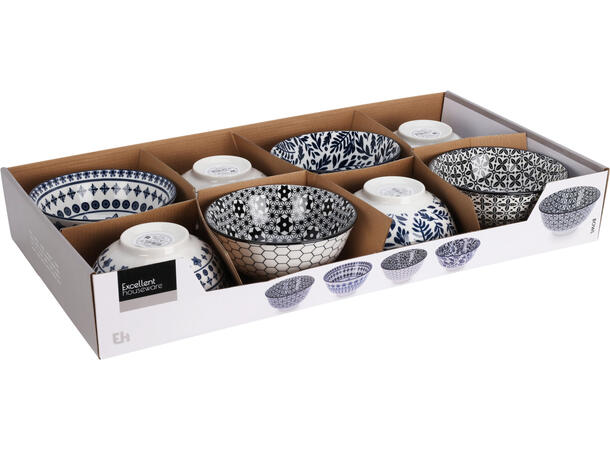 Skål hvit m/blå porselen 15,5x7cm 4ass Display 8stk 