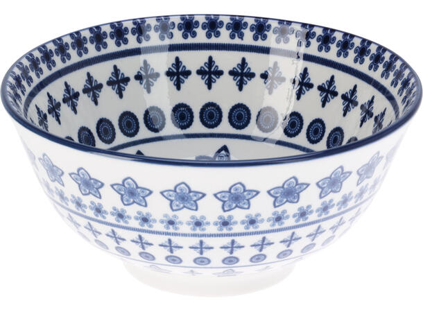 Skål hvit m/blå porselen 15,5x7cm 4ass Display 8stk 