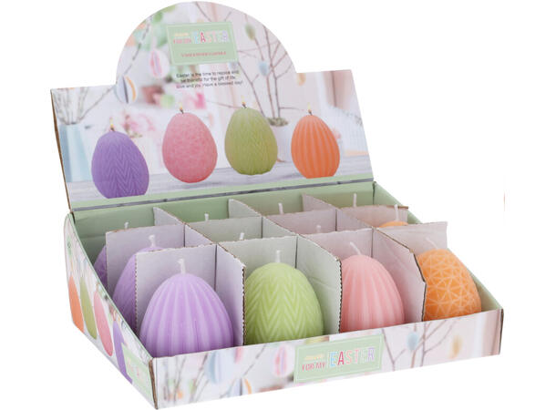 Stearinlys egg mønstret voks h:7cm 4ass 12stk i display Vekt:85gram 