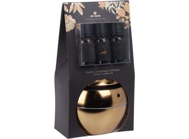 Diffuser glass gull/sort 10ml 3ass oljer Dufter: Peouny, granateple, sedertre 