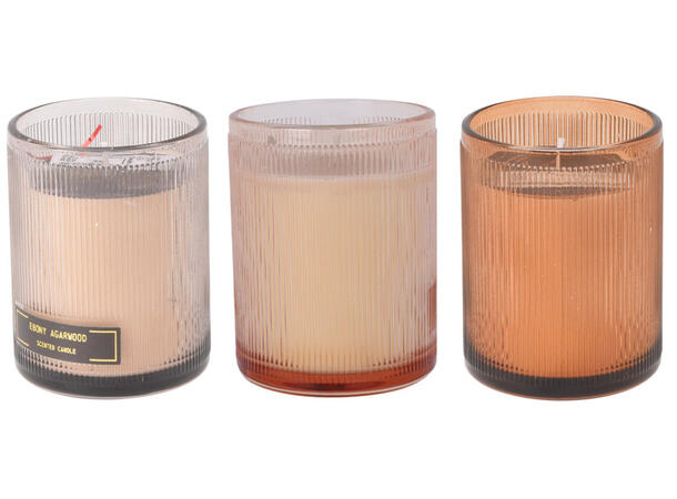 Duftlys amber glass 8x10cm 3ass Forpk:12stk Vekt:530g/230g voks 3% duft 