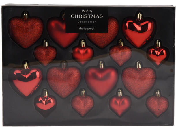 Julekule hjerte rød 4,5-8,5cm 16 stk 12 sett i displayboks 
