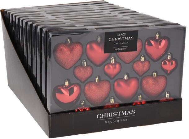 Julekule hjerte rød 4,5-8,5cm 16 stk 12 sett i displayboks 