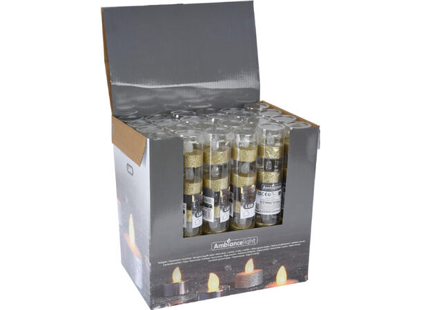 LED Telys gull glitter 4cm 6 stk 24sett i display Batteri:1xCR2032 Inkl 