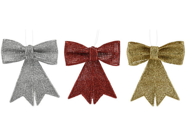 Sløyfe canvas m/gllitter 9x10,5cm 3ass Display 72stk Rød Gull Sølv 