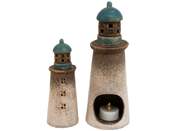 Fyrtårn telys blågrå keramikk 8,2x22,4cm Forpakning: 6stk 