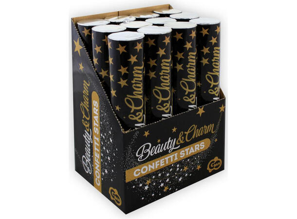 Konfetti Kanon stjerner gull 30cm Display 12stk 3cm stjerner 