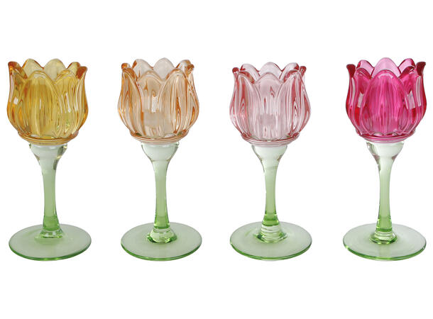 Lysestake Tulipan glass 7x7x16cm 4ass Forpakning: 16stk Rosa,fuchsia,gul,rav 