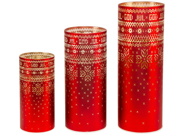 Lyslykt LED Strikket God Jul Rød 8x20cm Batteri 2xAA Timer 6/18t 15LED 