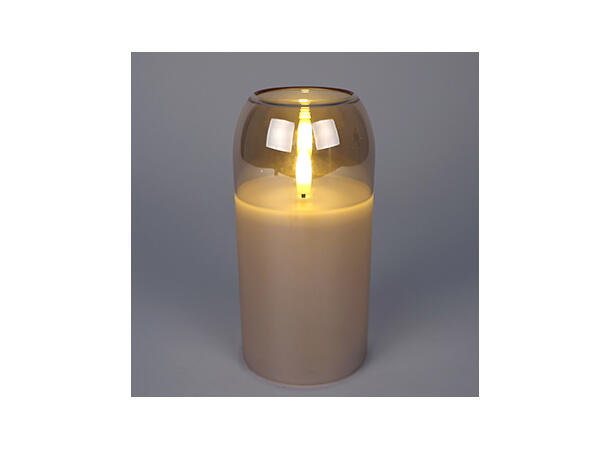 Lyslykt LED beige glass m/voks 7,5x15cm Batteri: 
