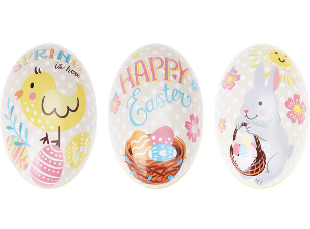 Påskeegg boks 12x7,7x7cm 3ass 15 stk i display Vekt: 57gram 