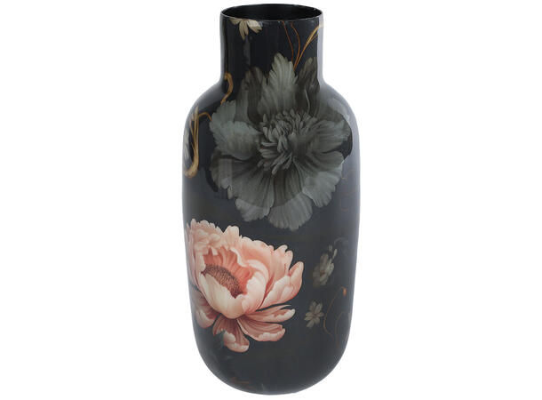 Vase sort blomstret metall 11x11x25cm Forpakning: 9stk 