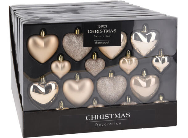 Julekule hjerte gull 4,5-8,5cm 16 stk 12 sett i displayboks 