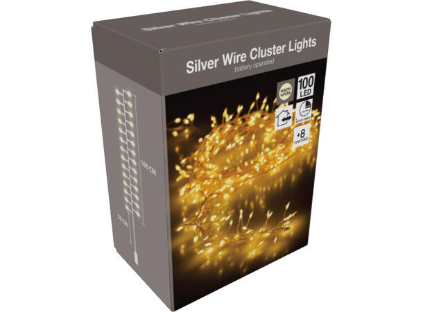 LED Lyslenke Klynge 100 varmhvite 100cm Timer:6/18t, Batter:3xAA  Display: 24stk 