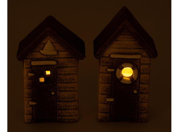 Hus naust beige LED keramikk 7x12cm 2ass Display: 12stk Batteri: 2xLR44 inkl. 