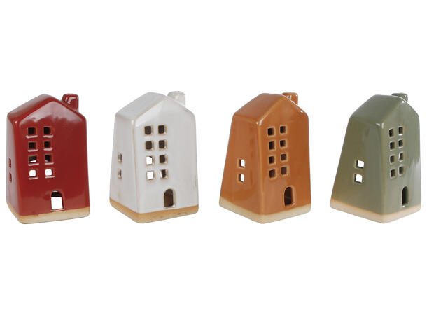 Hus til telys keramikk 6,4x6x10,5cm 4asx Grønn,rød,brun,beige 