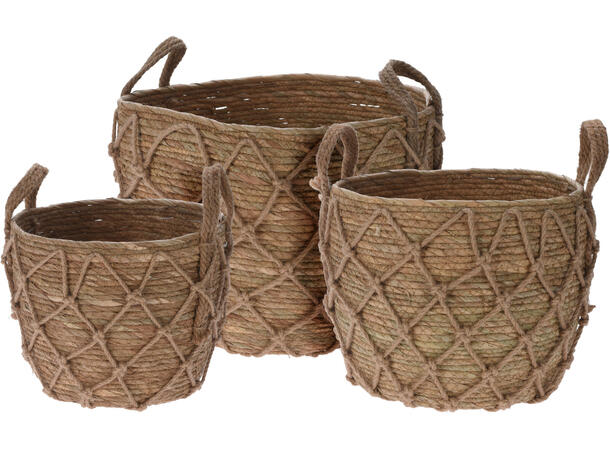 Kurv rund flettet bambusblad s/3 23x20,30x24cm,33x26cm 