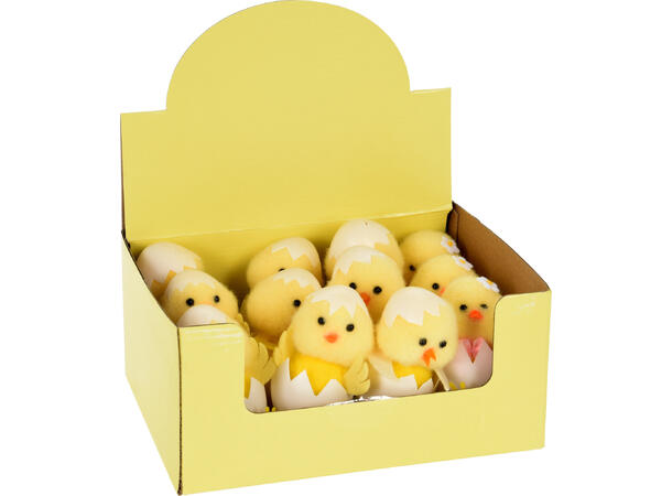 Kylling i egg gul h:9cm 4ass 12stk i display 