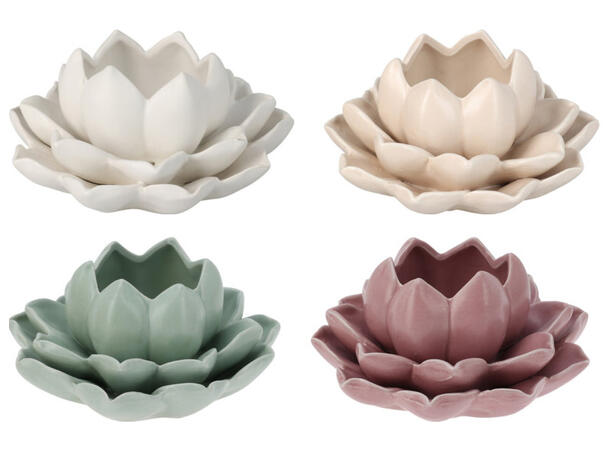 Lysestake telys lotus matt 13x6cm 4ass Forpk:12stk.Hvit,sand,grønn,rosa 500gram 
