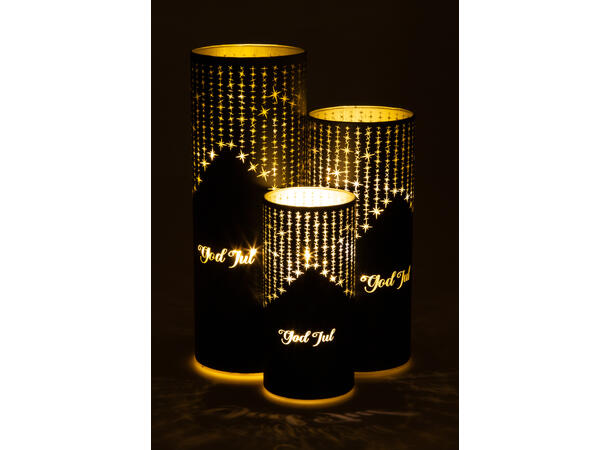 Lyslykt LED Istapp God Jul Sort 9x25cm Batteri 2xAA Timer 6/18t 20LED 