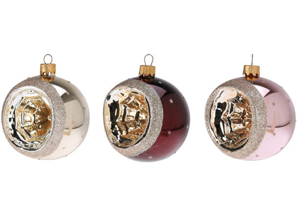 Julekule rund reflektor 8cm 3ass Display 12stk Munnblåst assortert 