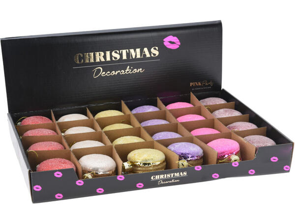 Juletrepynt Macron glass 6,5cm 6ass 24 assortert i displayboks 