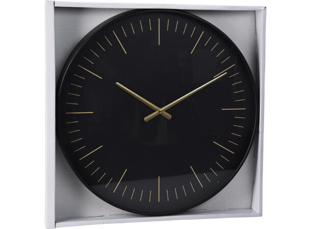 Klokke rund sort PP m/gull dia:51cmx Batteri:1xAA Ikke inkludert 