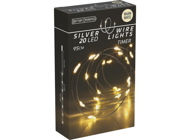 LED Lyslenke 20 Varmhvite lys 100cm 36stk i display Timer:6/18t Batteri:2xAA 