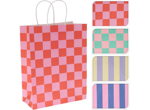 Gavepose rutet/stripet 25x12x23cm 4ass Forpakn: 12stk. Vekt:140gram Kraftpapir 