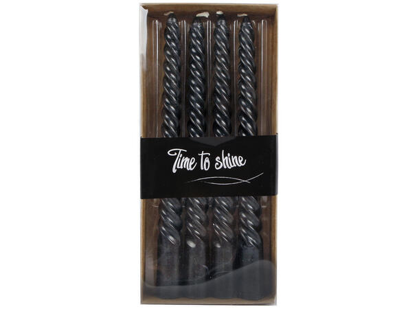 Kronelys Twist vridd sort 19cm 4stk Brenntid 4-5 timer 