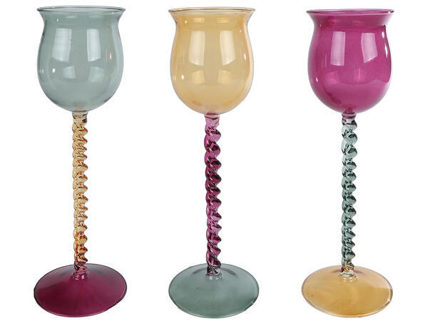 Lysestake telys vridd glass 9x27cm 3ass Gul/lilla/grønn 