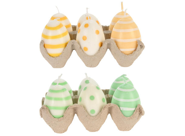 Stearinlys egg på brett 4x6cm 2ass 6 stk Vekt: 140gram pr 6pk Parafinvoks 