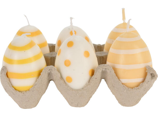 Stearinlys egg på brett 4x6cm 2ass 6 stk Vekt: 140gram pr 6pk Parafinvoks 